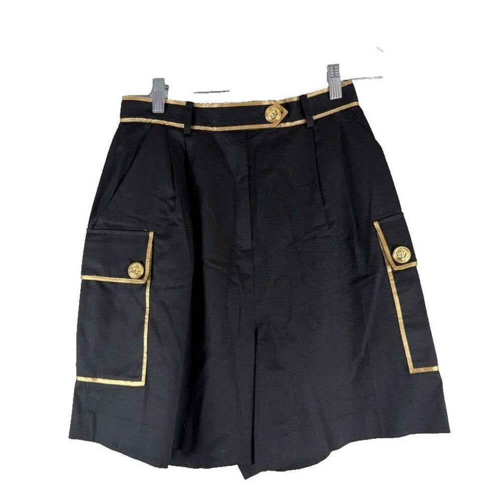Vintage Black Gold Trim High Waisted Shorts Pleated Sailor Military Cargo Sz 10